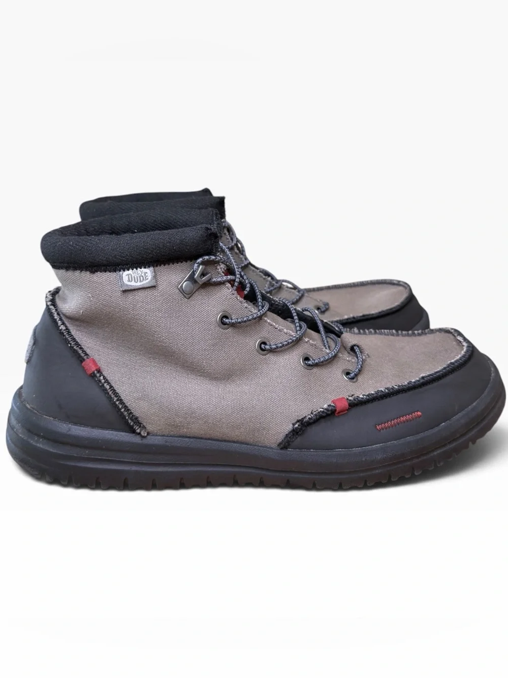 HEYDUDE Bradley Chukka Boots Men’s 13 Gray Black Waxed Canvas Red Like New